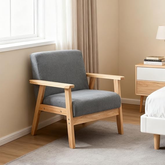 Accent Living Room Armchair, Midcentury Leisure Chair with Thick Pad, Lounge Single Sofa Reading Arm Chairs for Bedroom Home Office, Upholstered Comfy Tub Chair with Wood Frame