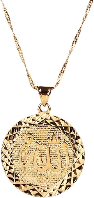 Men Allah Gold Pendant Necklace Link Chain Middle East Charm Islam Round Pendant