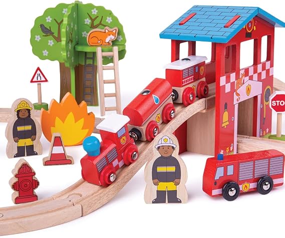 Bigjigs Rail Wooden Fire Station Train Set - 39 Play Pieces Multicoloured
