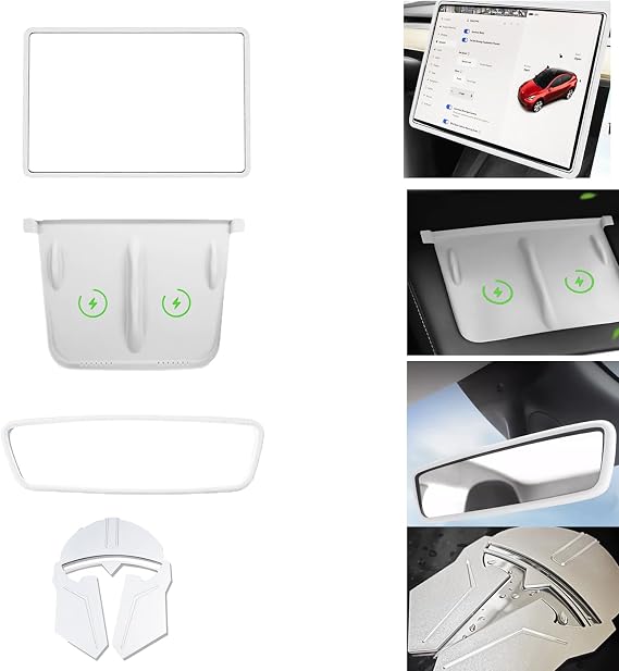Rear View Mirror Protector Frame,Silicone Protector Frames of Screen,Center Console Wireless Charger Mat,Front Logo Emblem Sticker,4Pcs Accessories Compatible with Model 3 Model Y 2021-2023