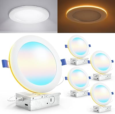 Sunco 6 Inch LED Recessed Light with Night Light, Canless Recessed Lighting, 1500 LM, 15W 150W Equivalent, Selectable CCT 2700K3000K4000K5000K6000K, Dimmable, with Junction Box 4 Pack.