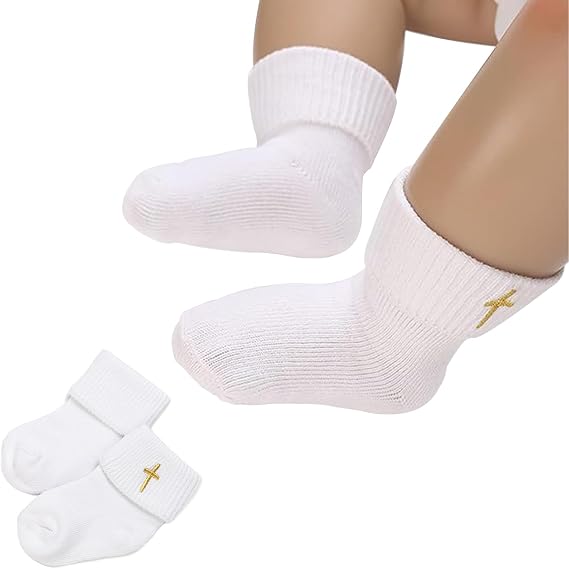 Baby Ankle Socks for Newborn Baptism White Cotton Turn-Cuff Christening Socks with Gold Cross, Soft & Pure, Unisex