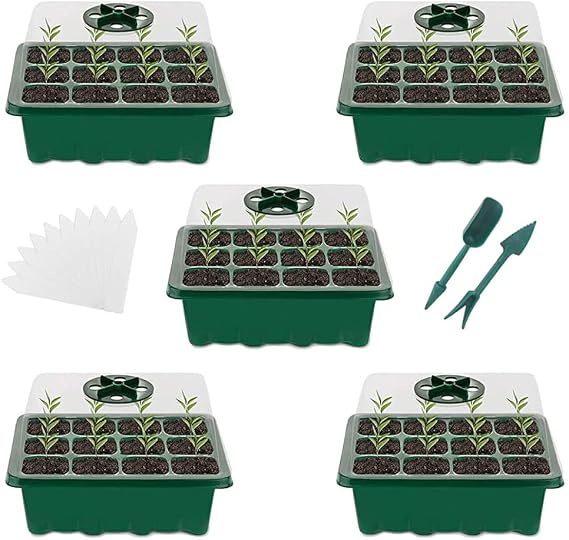 Set of 5 Seedling Pot, Seedling Tray, 12 Holes, 10 White Labels + 2 Transplanting Tools, Gardening Supplies, Seeding House, Seedling, Transparent Cover, Breeding Box, Suitable for Vegetable Cultivation, Seedling Tray
