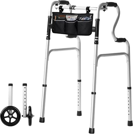 Silver Walking Stand for Seniors with Climbing Aid Foldable Walking Aid with 6 Inch (15 cm) Ball Bearing Wheels 8 Height Adjustable (76-96 cm) Walking Frame with Bag Walking Frame for Adults