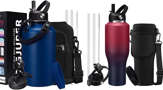 40 oz Water Bottles that Fit Cup Holders and 64oz Water Flask, Stainless Steel Water Bottle with Straw, Paracord Handle & Sleeve Strap