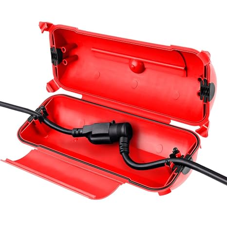 Flemoon Outdoor Extension Cord Safety Cover with Waterproof Protector Seal, Weatherproof Electrical Connection Box for Outdoor Outlets, Plugs, Sockets, Holiday Decorations, Power Tools, Fountains, Red | Outdoor Waterproof Electrical Cover with Protector Seal, Electrical Connection Box for Plugs, Sockets, Power Tools, Red