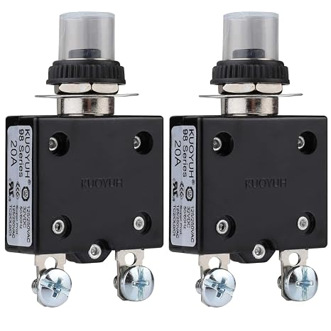 Thermal Circuit Breaker,98 Series 20A 125/250VAC Circuit Breaker Push-Button Reset with Quick Connect Terminals and Waterproof Button Cover 32VDC Thermal Overload Circuit Breaker - 20 Amp, 2Pcs