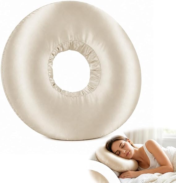 Ear Piercing Pillow, 28cm Donut Pillow for Ear Piercing with Hole Ring Cushion for Side Sleepers Pain Relief Inflammation Pressure Sores Adjustable Filling Reduces Pressure Champagne