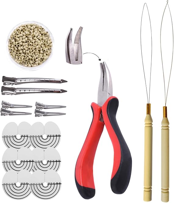 Hair Extensions Kit: I-tip Hair Pliers,Pulling Needle,Loop Threader and 500 Pieces 2.5mm Hair Extension Nano Beads Rings (Blonde)