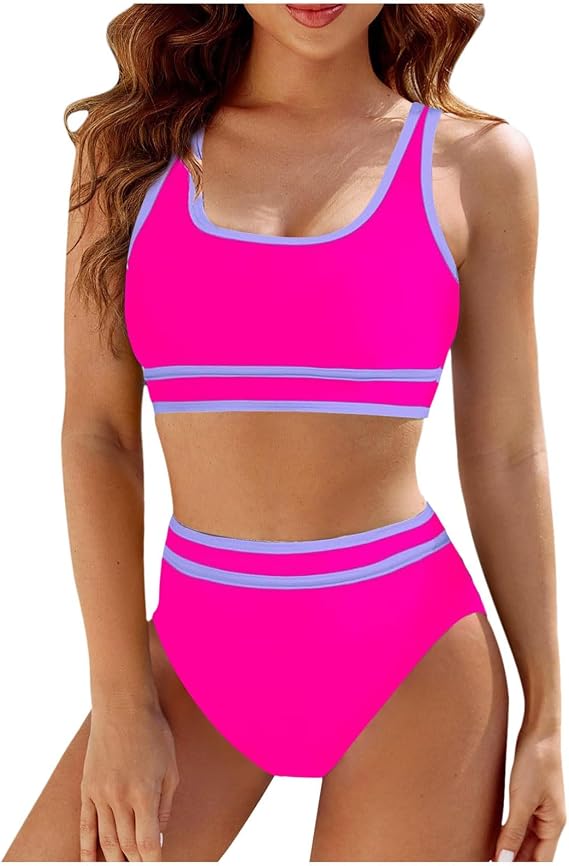 Women's High Waisted Bikini Sets Colorblock Sporty Two Piece Swimsuits Wide Straps Bathing Suit Athletic Swim Suit