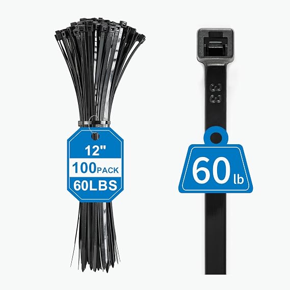 Zip Ties 12 Inch, Black Cable Ties 100 Pack, 60lbs Tensile Strength | Black Zip Ties, Uv Resistant, Flame Retardant, And Self-Locking, Ideal For Indoor And Outdoor Cable Management