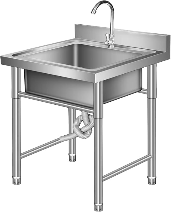 Stainless Steel Kitchen Sink Single Bowl w/Faucet & Drain Kit, Commercial Washing Hand Basin Laundry Tub for Indoor Outdoor