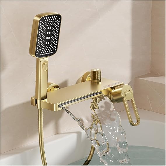 Bath Tap Gold with Hand Shower Mixer Tap Bathtub Waterfall Tap Hot or Cold Shower Fitting Set Brass Bath Tap with Shower (Oval)