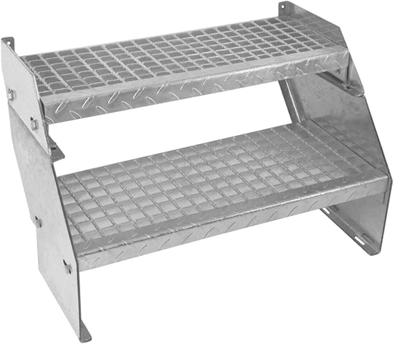 Metal Staircase 2 Section Adjustable Height 60cm / 600mm Wide Galvanised Steel Silver 2 Steps Weatherproof Grate Step Outdoor Garden Patio Modular Stairs 5mm Rod Thickness FREE Fixing Kit