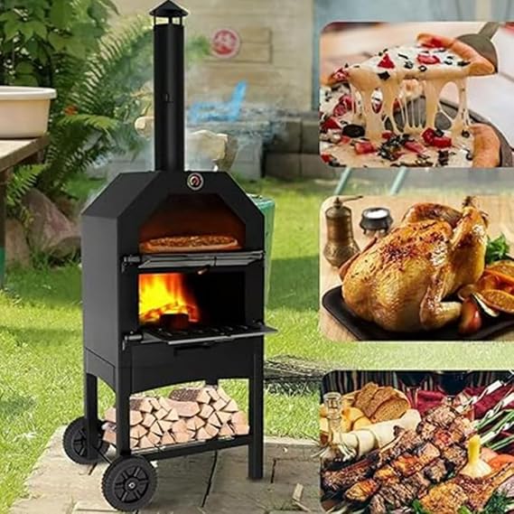Deronder Wood Bonfire Outdoor Pizza Oven with Waterproof Cover, Pizza Stone and Peel, Wood Burning Pizza Oven with 2 Wheels, Maximum Fire Power 900°F with Thermometer, Removable Wheels, Chimney, PIZZA Kiln Home Outdoor Oven Stone Cooking Black