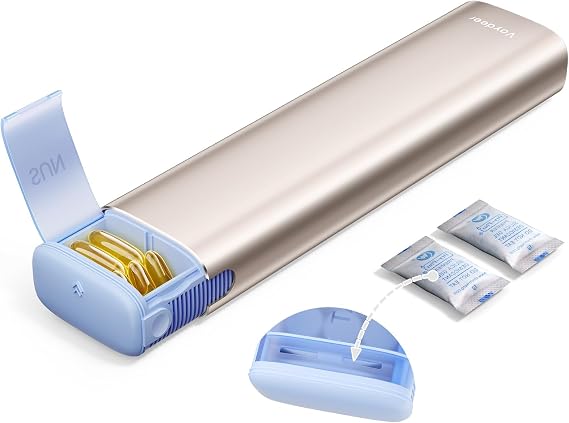 VAYDEER Metal Weekly Pill Organizer Moisture-Proof Travel Pill Organizer with Built-in Desiccant Chamber and Airtight Lids Large-Capacity Pill Box for Vitamins, Medicines & Supplements (Champagne)