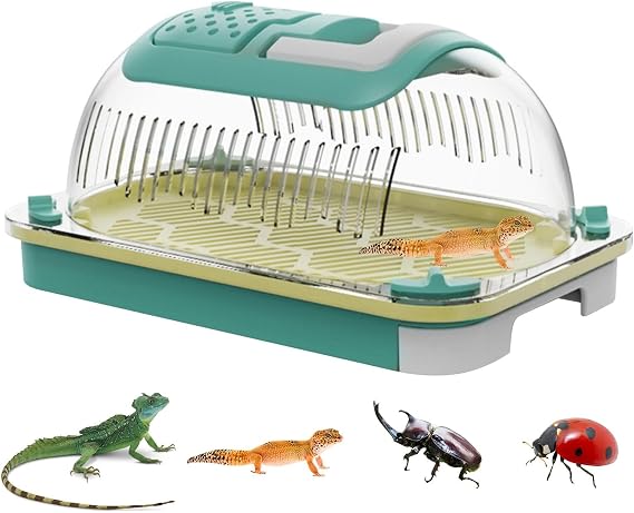 Plasti c Reptile Terrarium Carrier Cage with Handle & Tray, Portable Breathable Reptiles Feeding Box Clear Travel Carrier for Small Reptile Amphibians, 19 x 12.5 x 9.5 cm