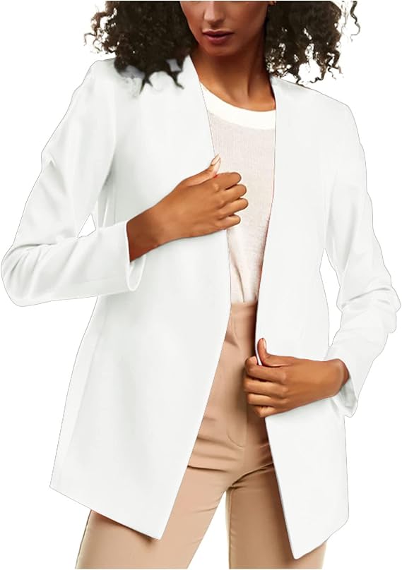 Women's Open Front Office Work Business Crop Suit Blazer Jacket Casual Solid Color Lapel Cardigan Jacket Midi Coat White-02#, L