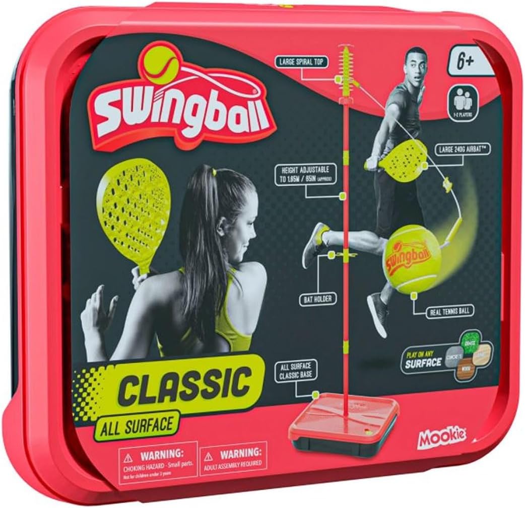 Swingball Classic All Surface, Red and Yellow, Outdoor Activities, All Surface Base Swingball, Real Tennis Ball and 2 Championship Bats, Suitable for Everyone 6 Years