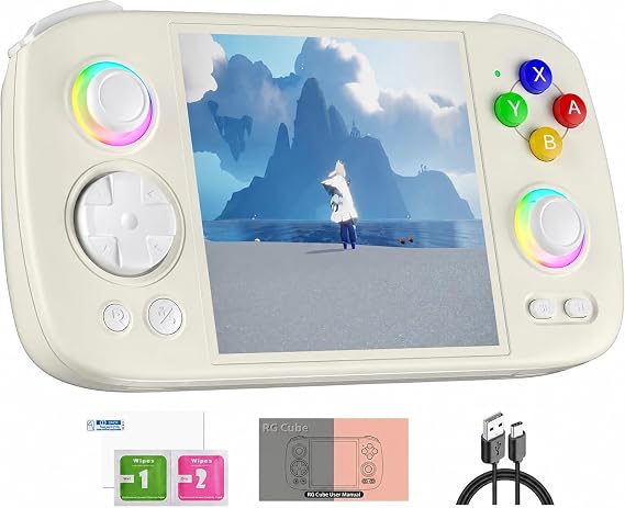 ANBERNIC RG Cube Retro Handheld Game Console, 3.95-Inch IPS, T820 White | Android 13, 8GB LPDDR4X RAM, 128GB Built-In UFS 2.2 Storage, Hall Controls, Active Cooling, 5200mAh Battery