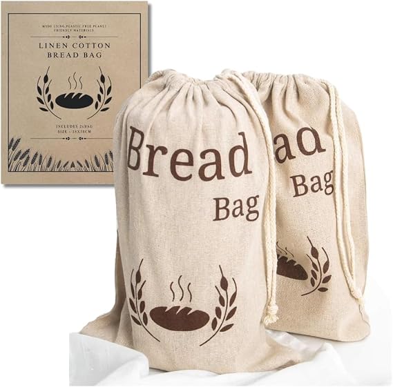 New Living 2 Pack Natural Linen Bread Bag | Organic Blend | Reusable Bread Bags | Food Storage Bag | 38x30 cm | Beige | Eco Bread Bag with Drawstring Closure