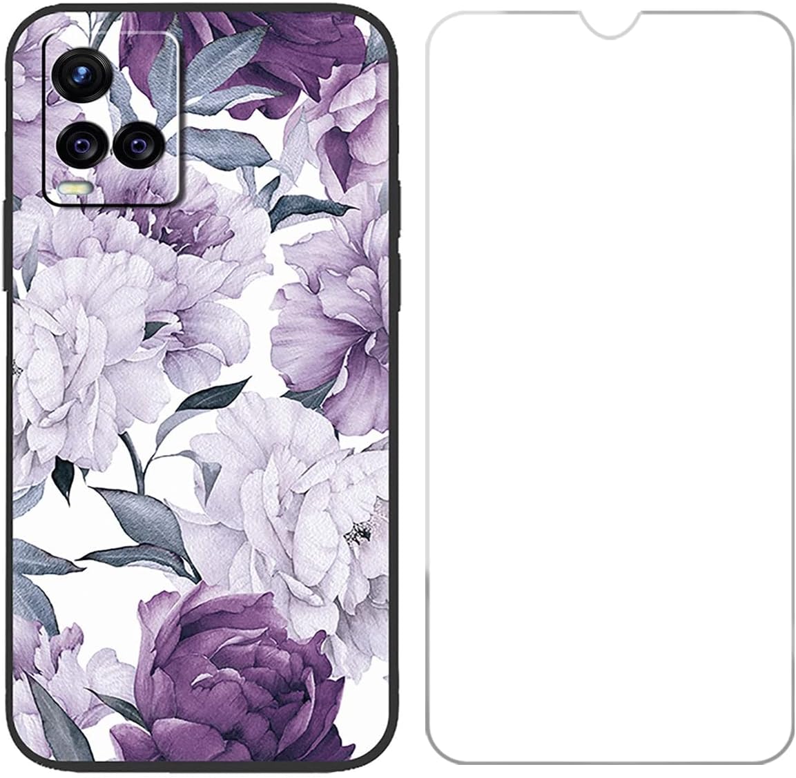 Case for Vivo Y21 2021  Tempered Glass Screen Protector Film, Black Soft Silicone Case Protective TPU Cover Case Cover for Vivo Y21 2021 6.51 - LLM11
