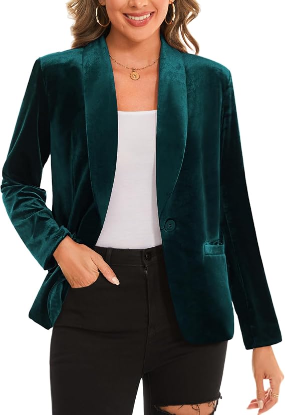 Women's Long Sleeve Velvet Jacket Button Open Front Shawl Collar Outerwear Coat Velour Blazers (Green, Size 2XL)