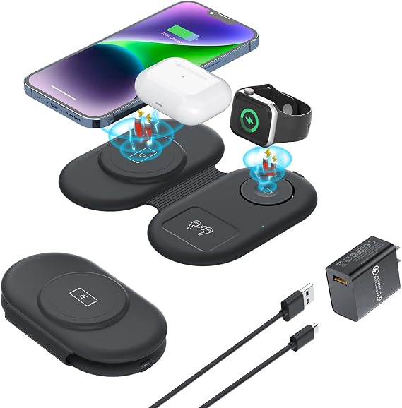 Wireless Charger 3 in 1, RELAXYO Travel Fast Wireless Charging Station for Apple, Compatible with iPhone 15 14 13 12 11 Pro/Max/XR, for iWatch 9/8/7/6/5/4/Airpods 3/2/Pro Gift for Mom Dad Friends