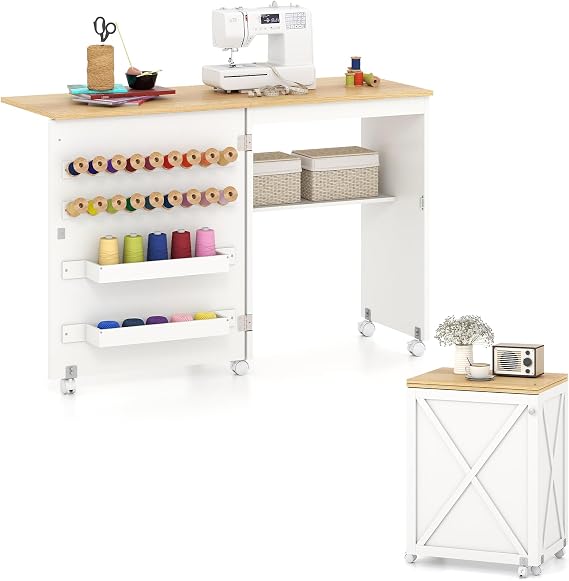 GIANTEX Farmhouse Folding Sewing Table on Lockable Wheels, Barn Door Style
