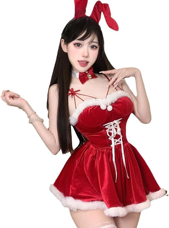 Sexy Christmas Lingerie Red Bunny Cosplay Santa Babydoll Mrs Claus Costume For Women