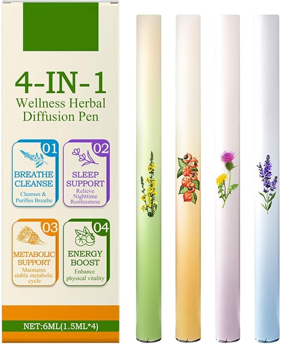 4Pcs Natural Diffuser Pen,Wellness Herbal Blend Diffuser Set,Sleep Support Reduced Stress Oral Freshening Breath Diffusers Set,Portable Atomizing Air Freshener,Improving Breathing Air (1Set)