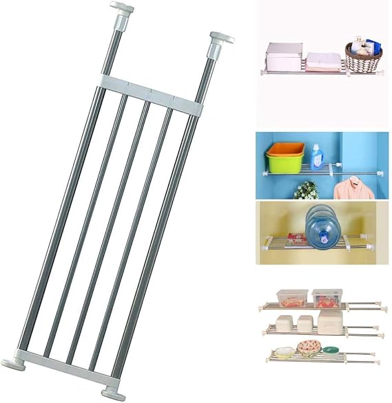 BAOYOUNI Expandable Closet Tension Shelf Rod Organizer Adjustable Storage Rack Heavy Duty Clothes Hanger Metal Space Saving Divider for Bathroom Kitchen Cupboard Wardrobe Bookshelf 32''-46'', Ivory