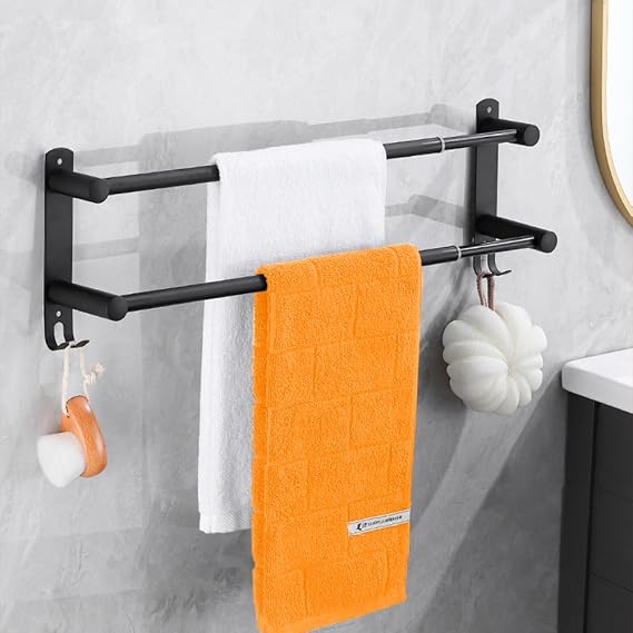 Adjustable Towel Rails 43-78CM Bath Towel Racks Stainless Steel Towel Shelves with Hooks Wall Mounted Towel Holders Towel Bar for Kitchen Bathroom, Black (Black 2-Tier)