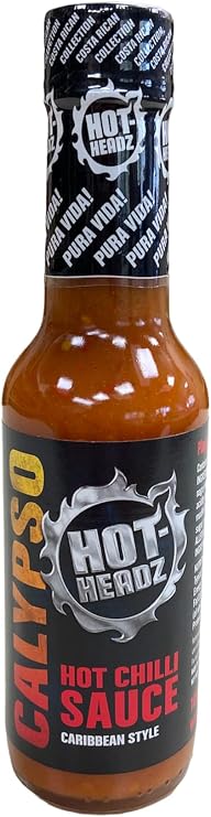 Hot-Headz! Calypso Caribbean Style Habanero & Naga Ghost Chilli Pepper Sauce. Ghost Pepper Hot Sauce For Cooking, Marinade, Seasoning, Extra Spice & Flavour. Great Gift For Hot Sauce Lovers. (148ml)