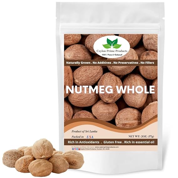 Nutmeg Whole by Ceylon Prime Products (2oz) | 100% Pure & Natural Premium Nutmeg from Sri Lanka | In a Resealable Bag | (~13 Count)