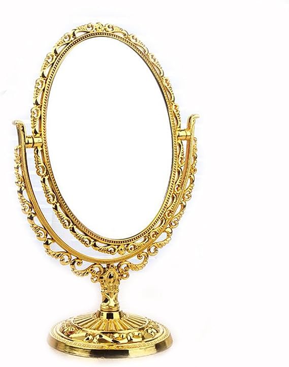 Guppy Desktop Makeup Mirror, Antique Vintage European Style Two Sided Swivel Oval Tabletop Vanity with Embossed Hollow Flower Shiny Pedestal Makeup Mirror(Gold)