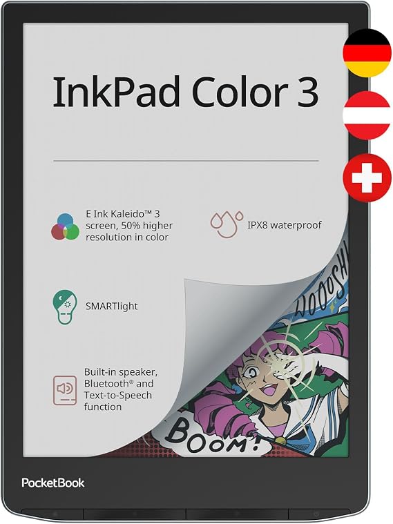 Pocketbook E-Book Reader 'InkPad Color 3' (German Version) 32 GB Memory IPX8 Bluetooth Speaker 19.81 cm (7.8 Inch) E-Ink Kaleido 3 Colour Display - Stormy Sea