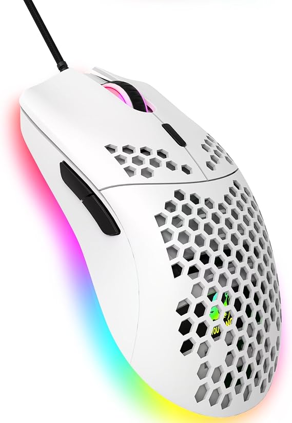 Wired Gaming Mouse, 6 RGB Lighting 6400 DPI Programmable USB Gaming Mice with 6 buttons, Honeycomb Shell Ergonomic Design for PC Gamers and Xbox and PS4 Users -White