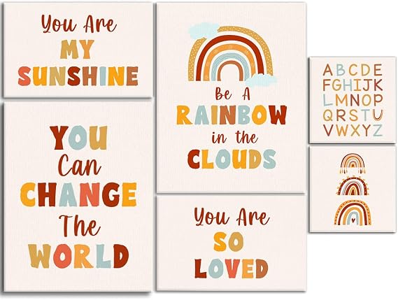 YEOION Boho Rainbow Inspirational Canvas Wall Art for Kids Set of 6