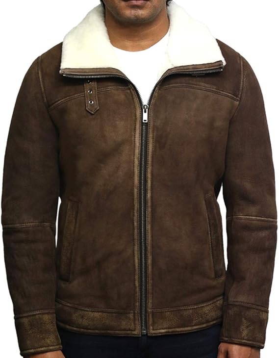 BRANDSLOCK Men's Genuine Shearling Sheepskin Spanish Merino Leather Jacket Vintage