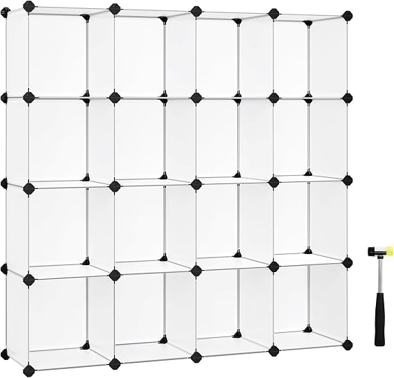 SONGMICS 16 Storage Unit, Shoe Rack, DIY Shelving System, Stackable Cubes, PP Plastic Shelf, Wardrobe, Closet Divider, for Bedroom, Office, 125 x 31 x 125 cm, white