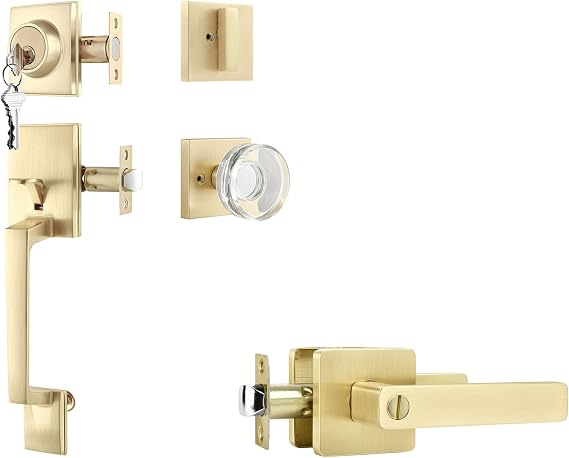 Leydebong Satin Brass Series Door Knobs Set and Door Handle with Privacy Function