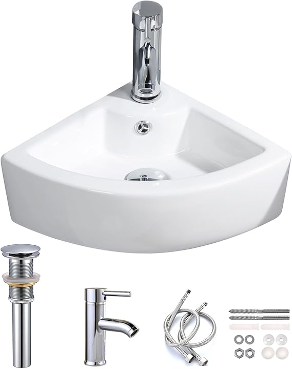 Small Bathroom Sink Wall Mounted Basin Triangle Corner Mini Sink with Chrome Faucet & Waste Drain Kit-12.8 x 12.8 x 5.1inch325 x 325 x 130mm