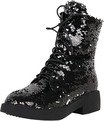 MAVMAX Womens Sequin Combat Boots Lace up Glitter Platform Chunky Heel Sparkly Ankle Boots