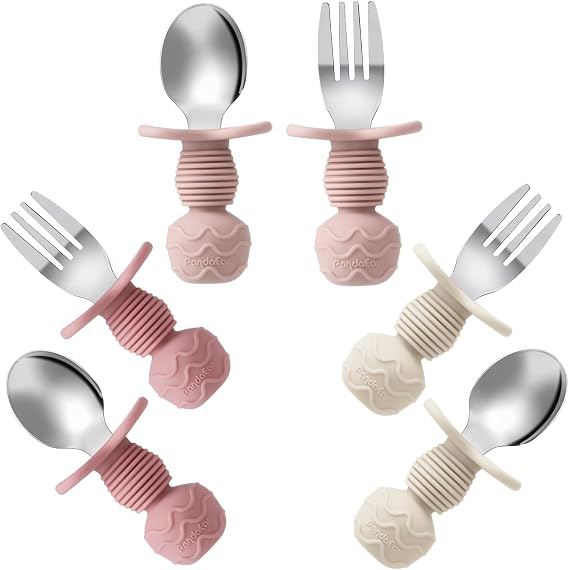 PandaEar 6 Pack Toddler Cutlery Set| Stainless Steel Baby Fork and Spoon Set| Childrens Kids Cutlery| Baby Cutlery Self Feeding 12 Months Plus with Silicone Holding Anti-Choke Design