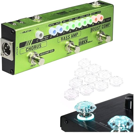 Valeton MES-2 Dapper Bass Mini Effect Strip and Hotone Karat Cap Transparent Footswitch Cover Switch Protector Stomp Knob Pedal Top bundle