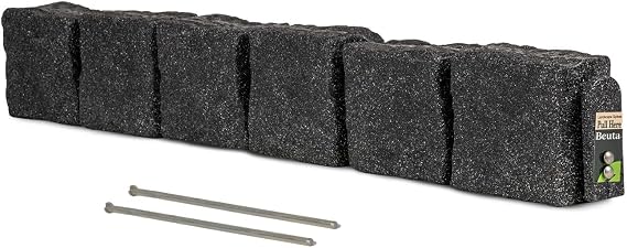Beuta Landscape Edging | Garden Edging Border | Polyrock Blocks for Lawn Edging, Flower Beds & Yard Edging 1 Pack | Each Section Has 6 Blocks 48" L x 4" W x 6.5" H | 2 Spikes | Charcoal