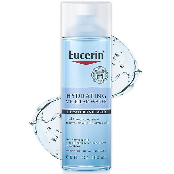 Eucerin Hydrating Micellar Water with Hyaluronic Acid, 6.8 FL OZ | Micellar Face Cleanser with Hyaluronic Acid, 3-in-1 Cleanser, Makeup Remover and Moisturizer, All Skin Types, Fragrance Free