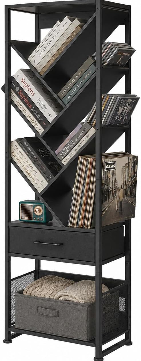 ruboka Tree Bookshelf with Side Table, Tall Bookcase with Storage Cabinet, Floor Standing Modern Narrow Bookshelves Organizer for Bedroom/Living Room/Home Office/Corner (Black, 10 Tier)