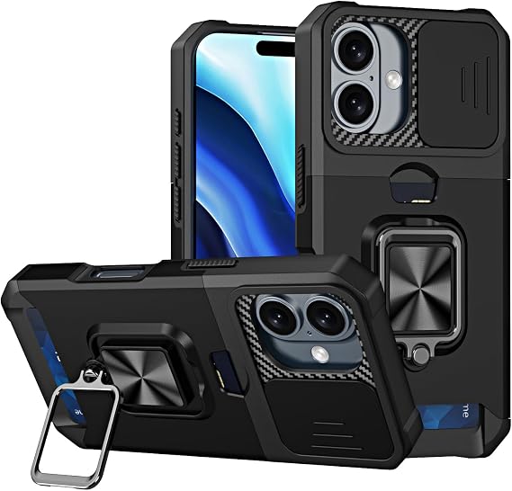 Sawiqpd for Samsung Galaxy A06 Case with Card Slot, Black | Shockproof Kickstand, Military Grade Protection Heavy Duty Armour Rugged, Hard PC Shell Soft TPU Bumper Wallet Phone Cover